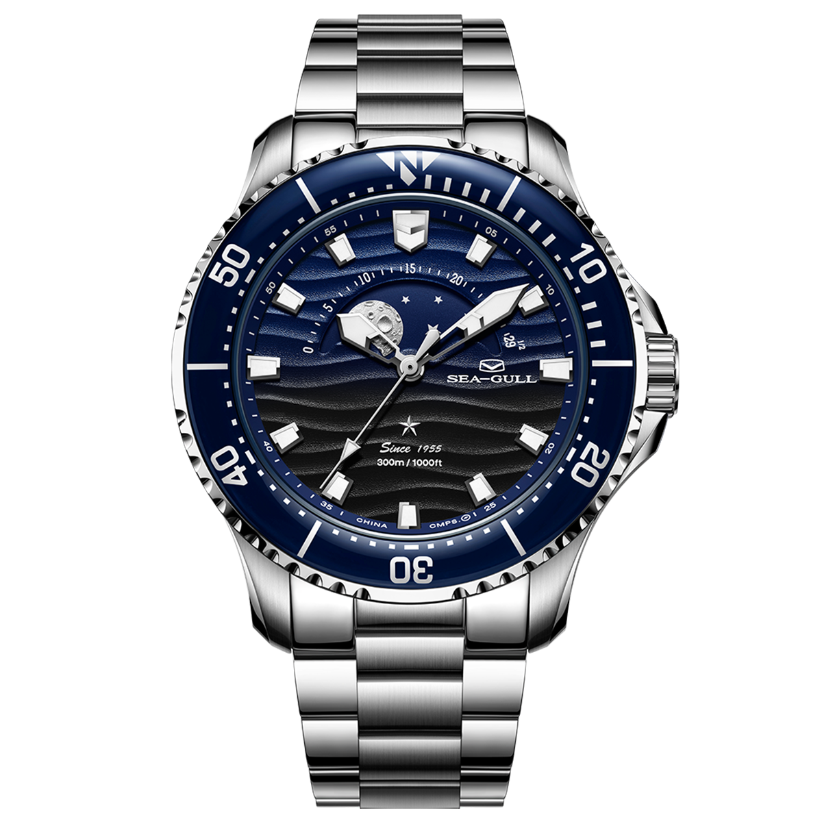 Océan Pro 300m Phase de Lune Dégradé Texturé Vague Plongée 43.5mm