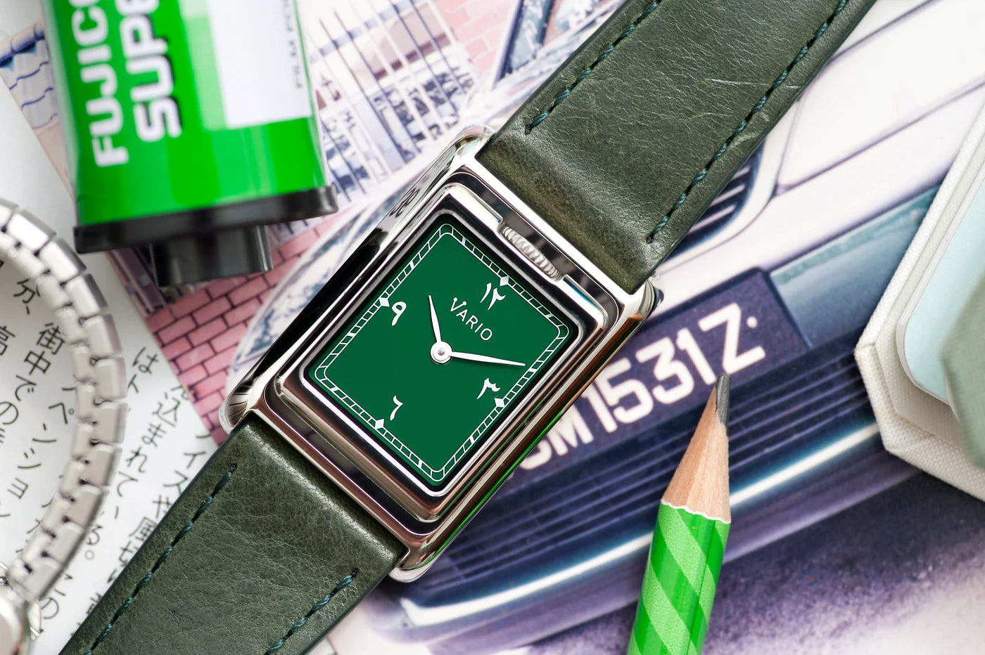 VARIO VERSA REVERSIBLE DUAL TIME EASTERN ARABIC GUNMETAL GREEN ENAMEL WATCH