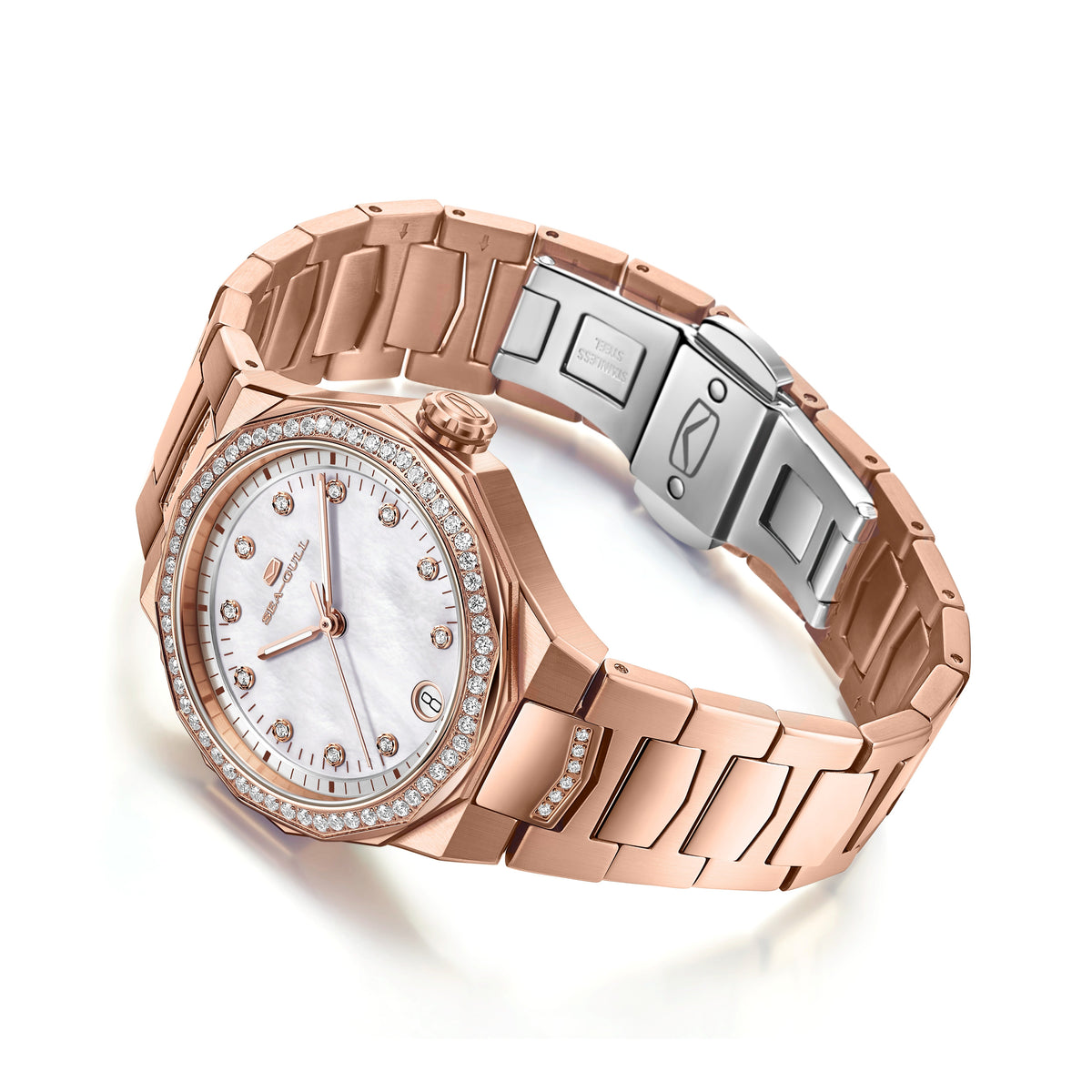 Extraordinaire Polygonal Serti Diamant Lunette Nacre Femme 34mm