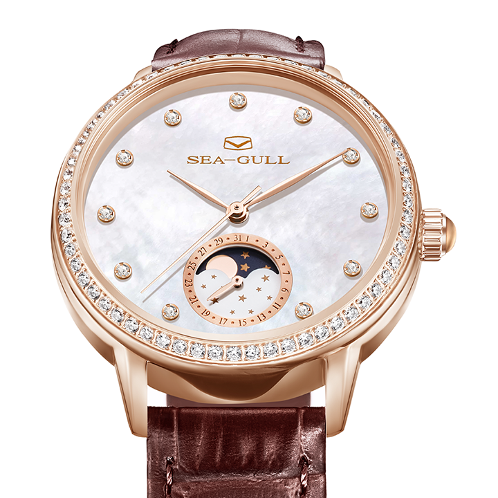 Phase de Lune Nacre Serti Diamant Femme 34mm