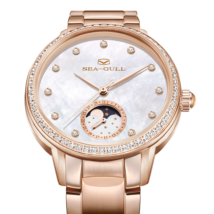 Phase de Lune Nacre Serti Diamant Femme 34mm