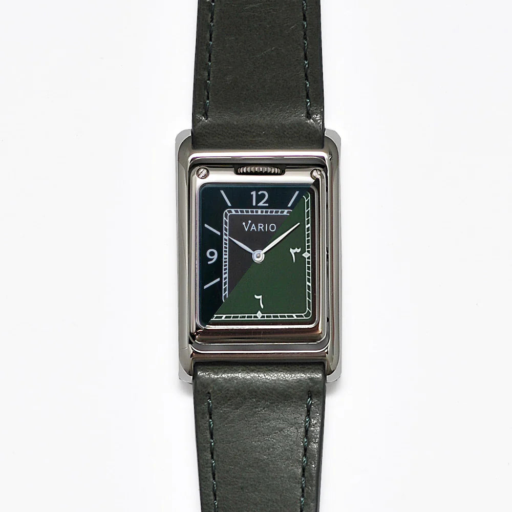 VARIO VERSA REVERSIBLE DUAL TIME EASTERN ARABIC GUNMETAL GREEN ENAMEL WATCH