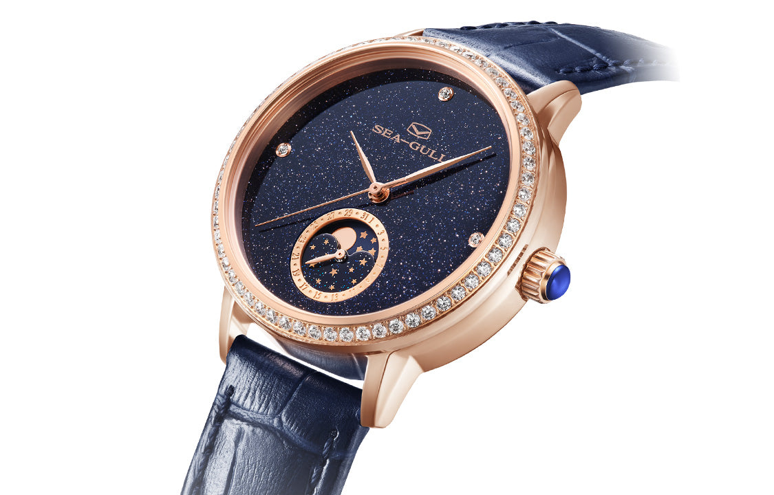 Phase de Lune Nacre Ciel Étoilé Serti Diamant Femme 34mm