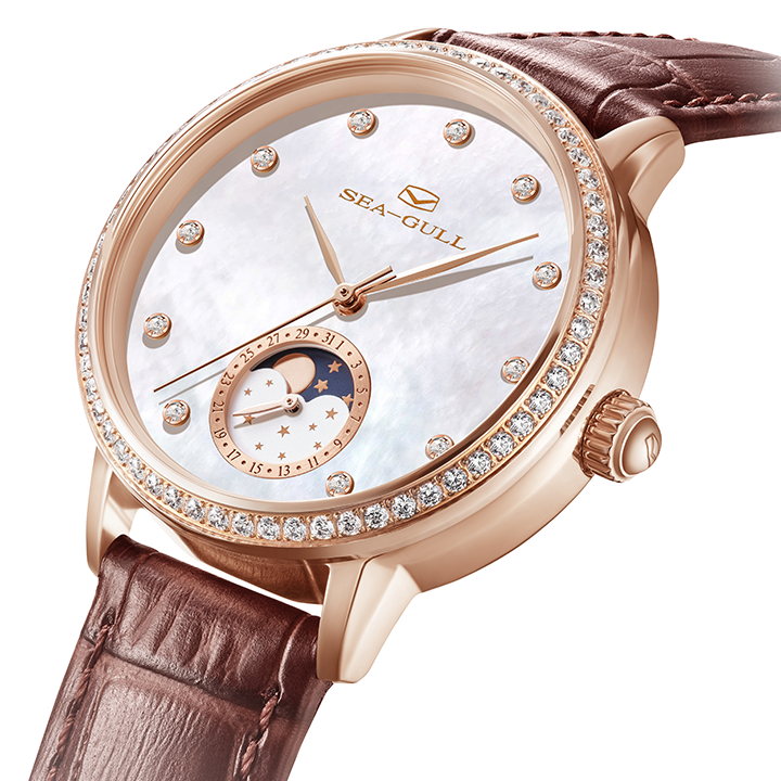 Phase de Lune Nacre Serti Diamant Femme 34mm