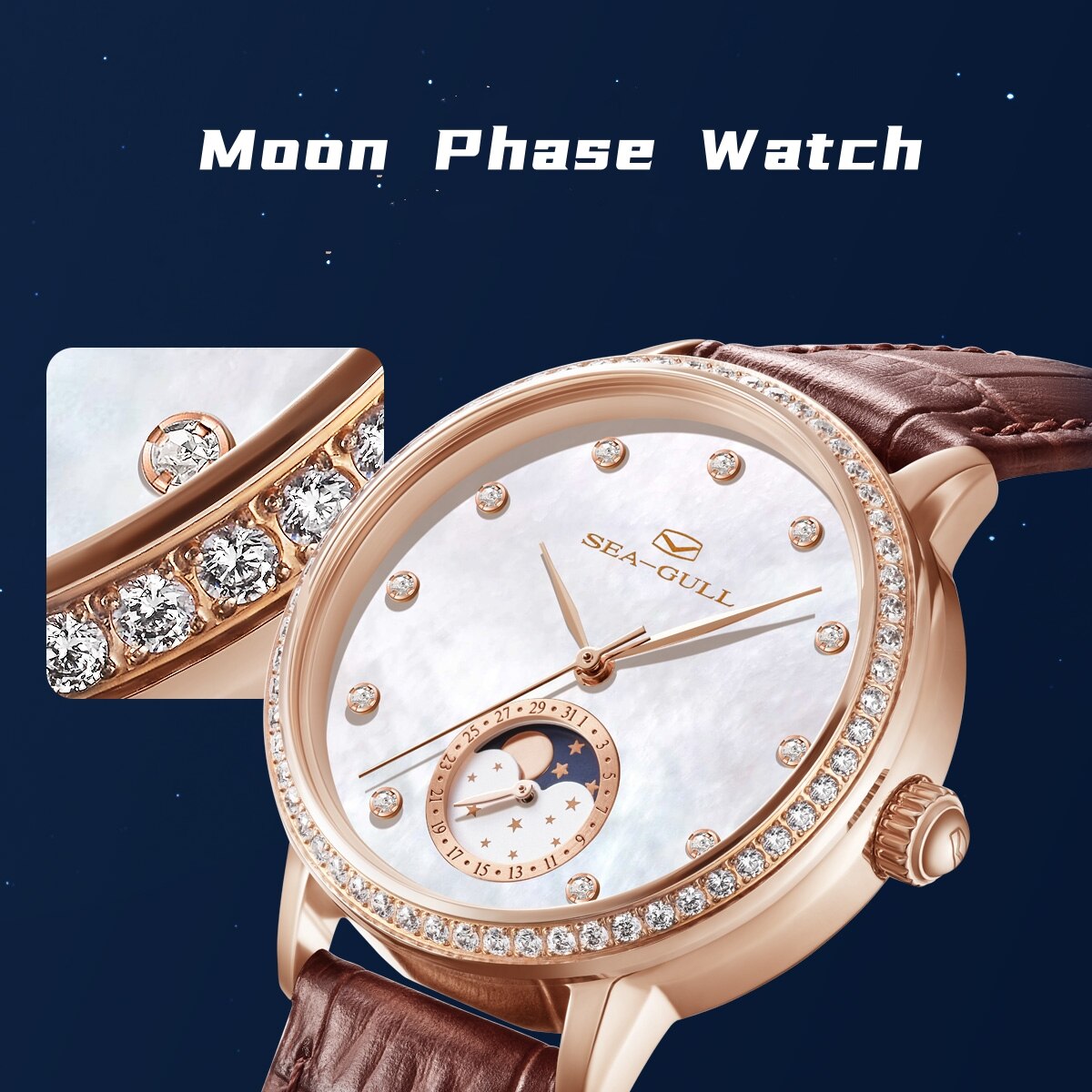 Phase de Lune Nacre Serti Diamant Femme 34mm