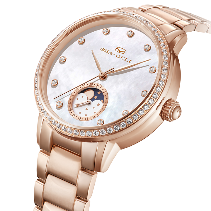 Phase de Lune Nacre Serti Diamant Femme 34mm